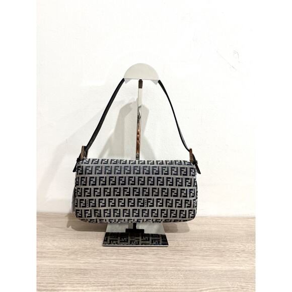 Fendi Zucchino Canvas & Leather Baguette Shoulder Handbag Light Gray/Navy Blue - Picture 7 of 16